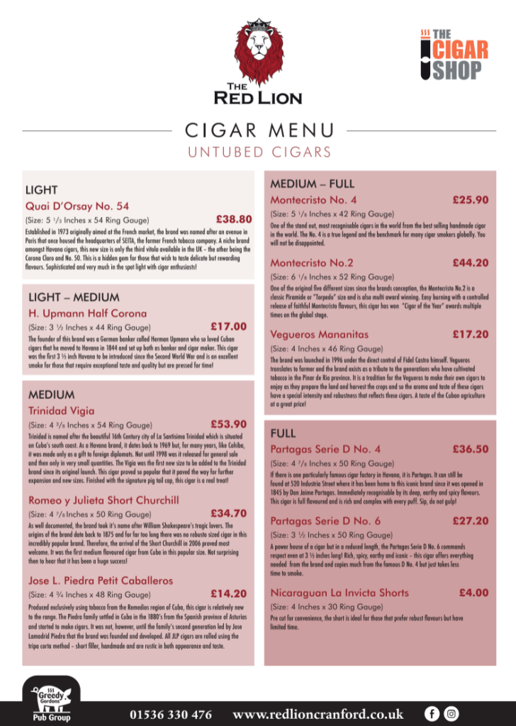 the red lion cigars menu